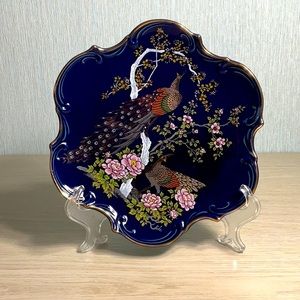 Vintage Japanese Cobalt Blue Gold Trim with Peacocks and Flowers Plate